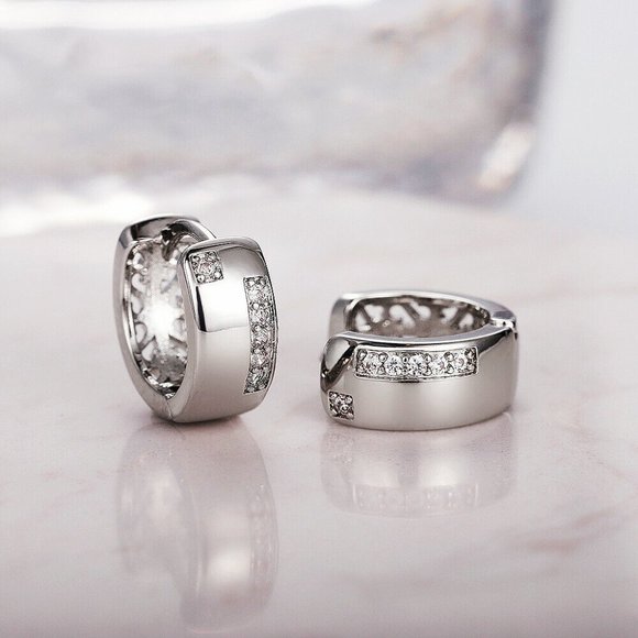 Men's Silver Plated Diamond Zircon Hoop Huggie Earrings 13x5mm Party Gift - Picture 1 of 5